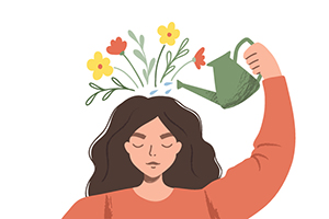 Illustration depecting an individual pouring water on their head with flowers growing above.