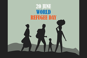 silhouette of a refugee family walking over hilly terrain with the text overlay: "20 June World Refugee Day"