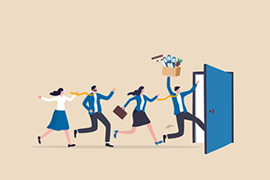 Illustration of employees running out of a door.