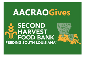 solid green background with a map of Louisiana on the right and the text "AACRAO Gives: Second Harvest Food Bank" visible