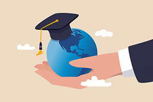 Illustration of an individual with a globe in hand with graduation cap on top.