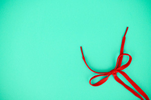 Photograph of a shoestring on mint background.
