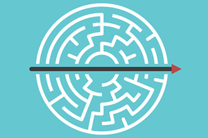 solid cyan background with a maze in the center and an arrow going straight through the maze