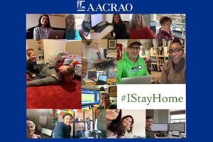 solid blue border with various images of AACRAO members and staff in their homes with the text overlay; "AACRAO #IStayHome"