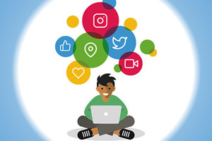 cartoon student on laptop with different app icons above their head 