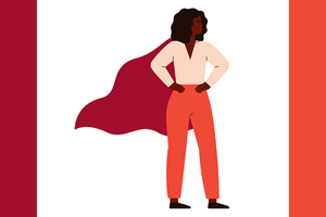 illustration of black woman in professional clothes and superhero cape