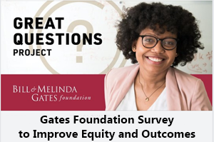 smiling female with the text overlay: "Gates Foundation Survey to Improve Equity and Outcomes"