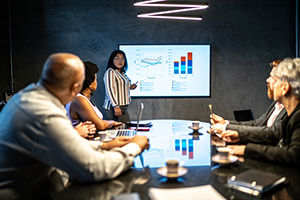 Professional giving a presentation to a group seated around a table.