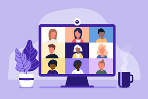 purple illustration of a computer screen showing multiple participants in a video conference call