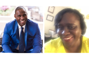 on the left, headshot of a smiling black male wearing a blue suit. on the right, photo of a smiling black female wearing a yellow top