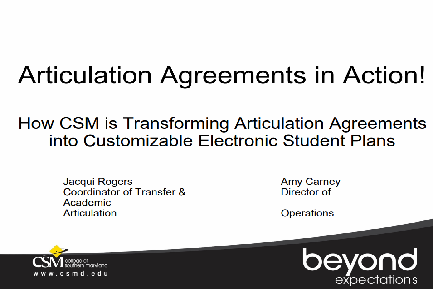 presentation slide with the text "Articulation Agreements in Action!" displayed