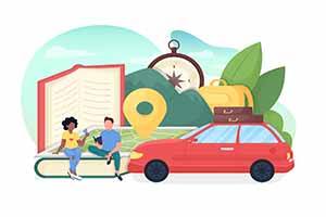 two illustrated figures sit on a book with a red car parked to their side. In the background there are giant leaves and a compass visible
