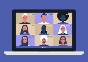 illustrated laptop screen showing participants in a video conferencing call