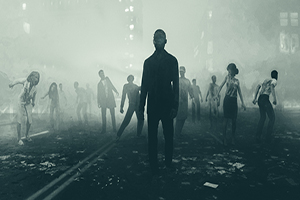 Photograph of a street full of zombies.