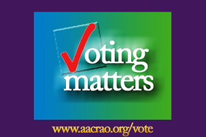 Solid purple background with a green square in the center and the words "voting matters" in that square.