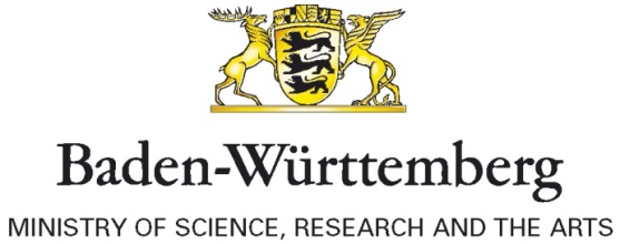 Golden family crest with a griffin and a stag on either side and the following text below the crest: Baden-Württemberg, Ministry of Science, Research and the Arts.