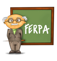 Illustration of a figure, resembling Einstein, standing in front of a green chalkboard that has the text "FERPA" written on it in white chalk.