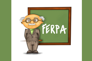 Illustrated figure resembling Einstein standing next to a chalk board with the word "FERPA" written on it.