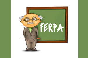 Cartoon figure reminiscent of Einstein stands in front of a chalkboard with the board "FERPA" written on it.