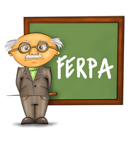 Cartoon figure reminiscent of Einstein stands in front of a chalkboard with the board "FERPA" written on it.