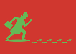 Red background with a green silhouette of a detective using a magnifying glass to follow footsteps.