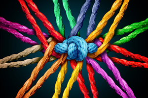 Natural fiber ropes of every color of the rainbow neatly tied together in a knot.