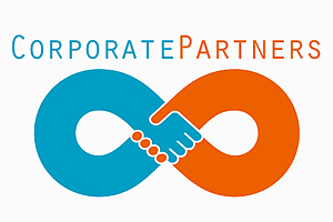Blue and orange hands forming an infinity symbol with the words "corporate partners" above the logo.