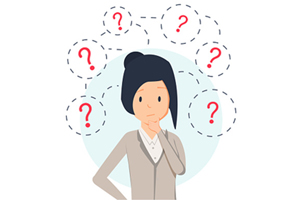 Illustrated female figure looking confused with several red question marks floating above her head.