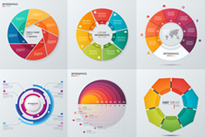 Six brightly colored graphics all designed in a circle pattern.