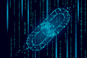 Single link of chain made out of cyber blue colored binary code.