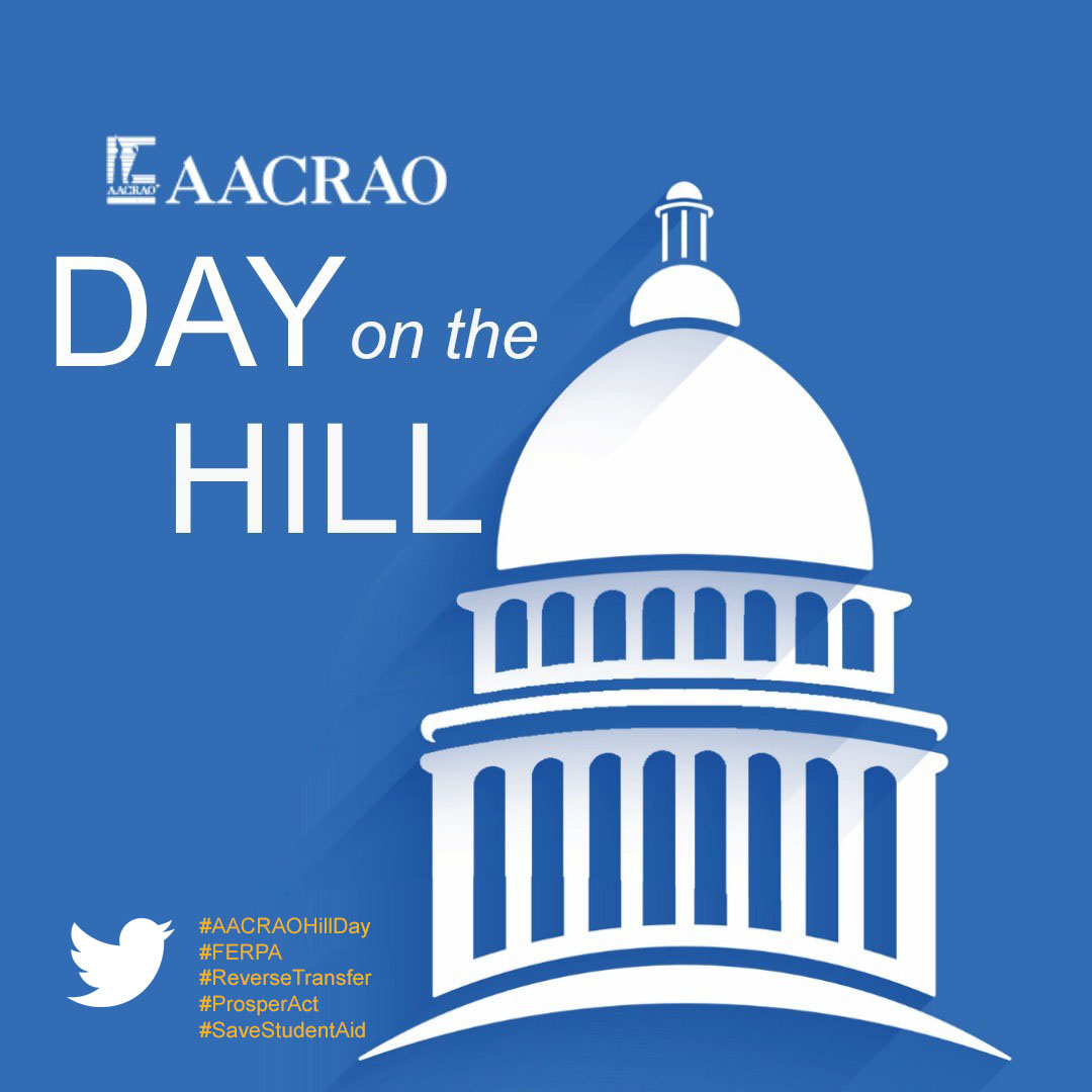 Simplified image of the U.S. Capitol Dome on a blue background with the following text written next to the image: AACRAO Day on the Hill.