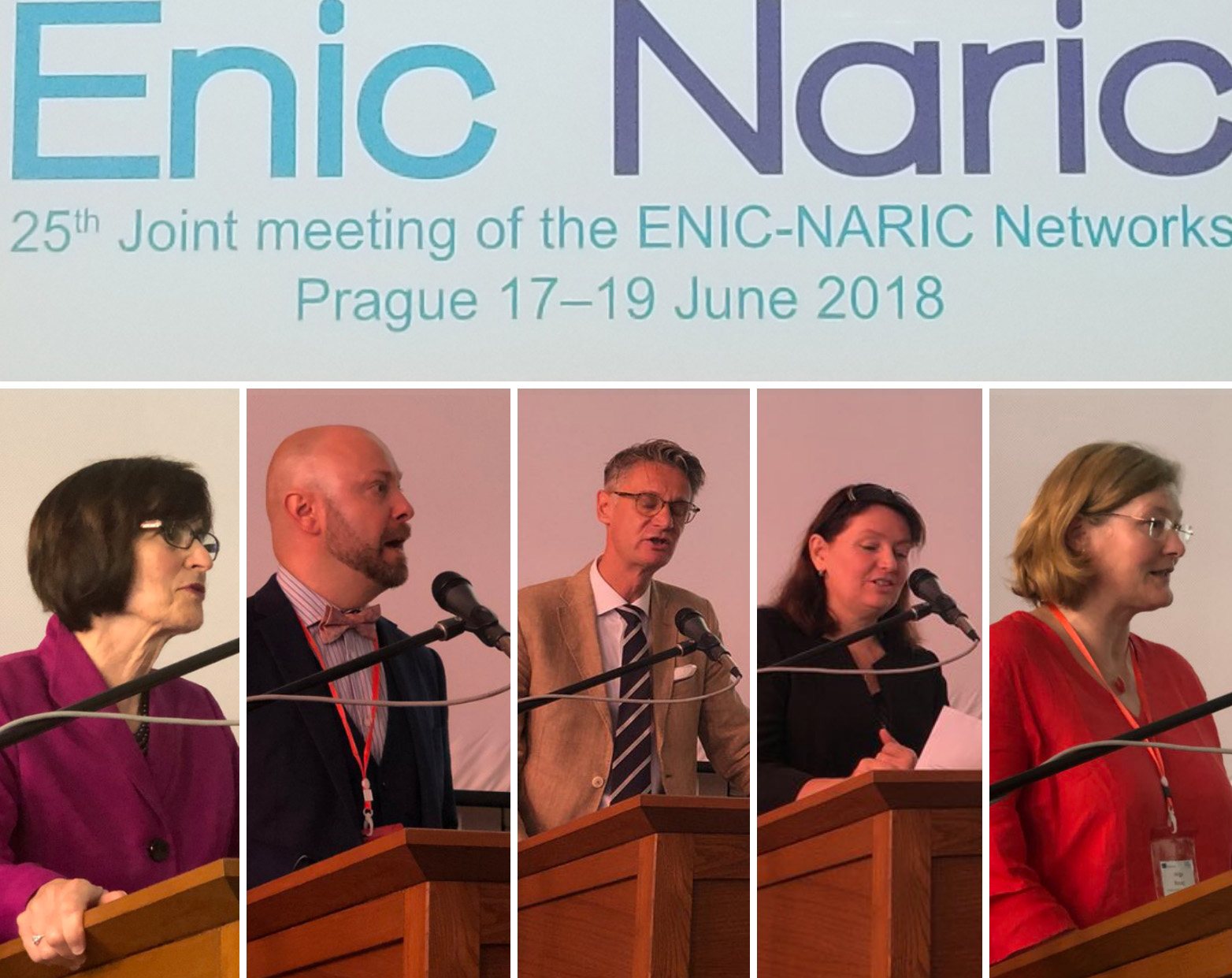 Five photos of speakers evenly framed at the bottom of the image with the following text written above the photos: 25th Joint meeting of the Enic-Naric Networks, Prague 17-19 June 2018.