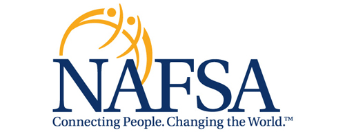 The following text written in blue lettering with a set of yellow lines extending from the letters: NAFSA, Connecting People, Changing the World.
