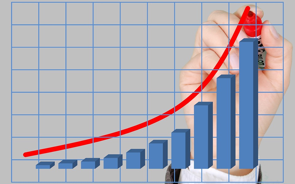 Simple bar graph with a hand drawing an upward trend line with a red marker.