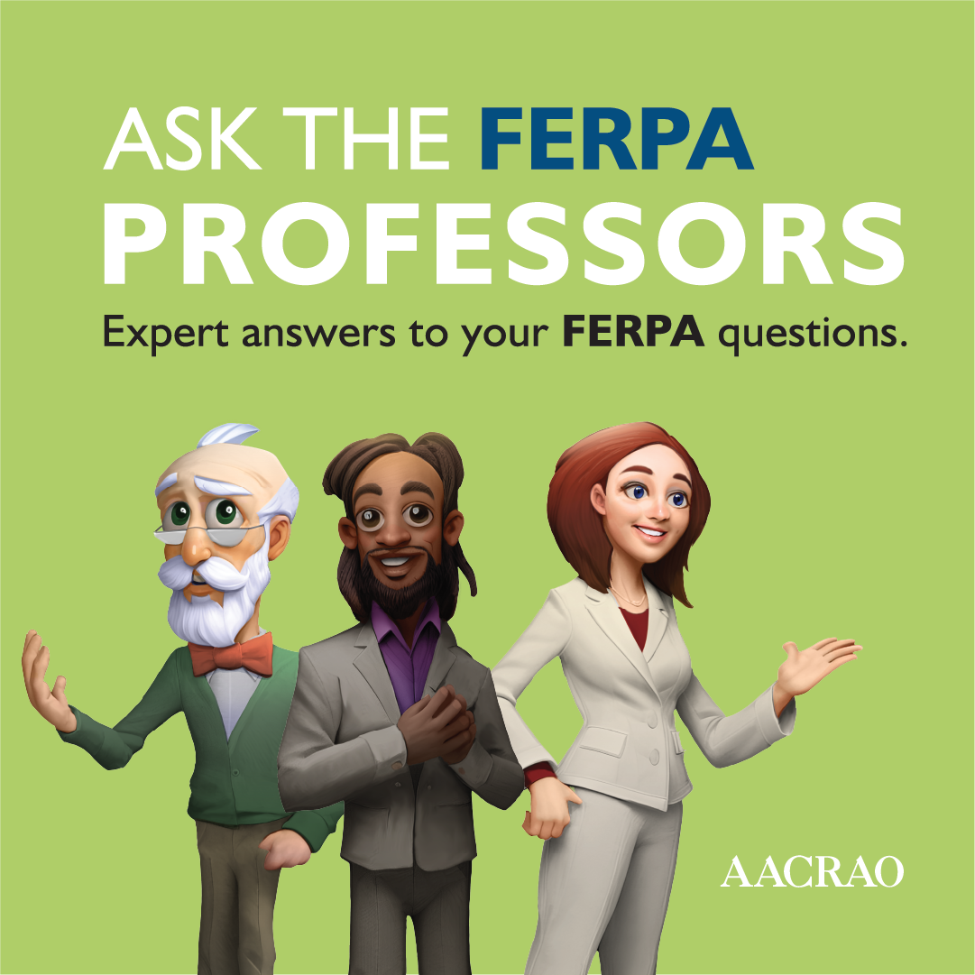 Cartoon figure reminiscent of Einstein stands in front of a chalkboard with the board "FERPA" written on it.