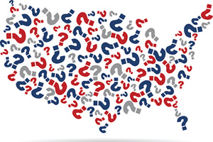 Outline of the United States filled with grey, blue, and red question marks.