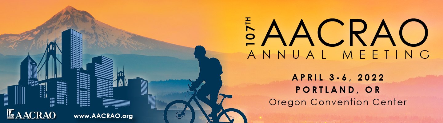 AACRAO 107th Annual Meeting banner with biker, mountain, and cityscape