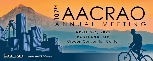 AACRAO 107th Annual Meeting website header with biker, mountain, and cityscape