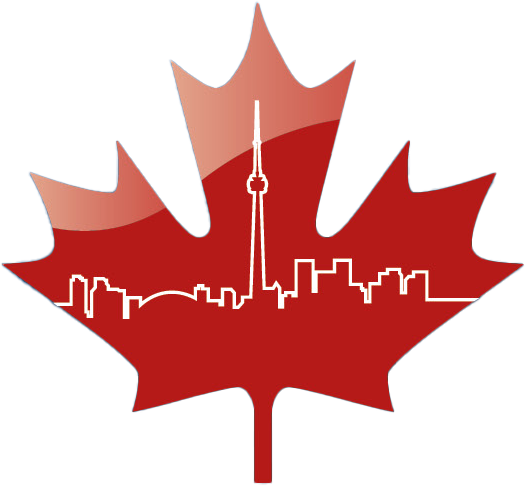 Red Canadian maple leaf with Toronto skyline