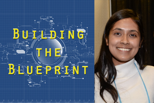 the text "building the blueprint" is on the left with a photo of a smiling female on the right