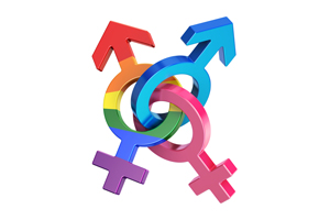 interlocking gender symbols in pink, blue, and rainbow