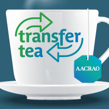 A white teacup with the words Transfer Tea encircled by arrows. A tea bag tag with the word AACRAO hangs from the edge of the cup.