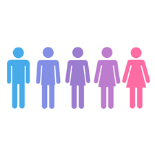 Nondescript figures fading from a blue representation of a male on the left to a pink representation of a female on the right.