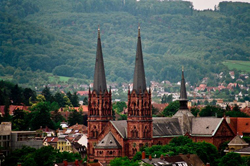 Photo of the "Johanneskirche" cathedral in Freiburg, Germany.