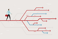 Illustrated figure standing on a red line that branches out into several diverging paths.
