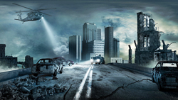 Dystopian illustration of a ruined city with a helicopter and rescue vehicle searching through the wreckage.