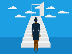 Illustration of a business female standing before a staircase that extends into the sky.