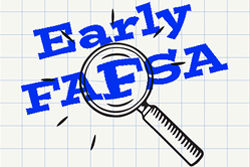 Background made of grid paper with a magnifying glass drawn in black ink and the text "early FAFSA" overlaid on top of it all.