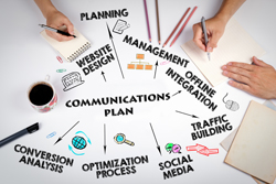 Hands making an idea web on a large white paper with the phrase "communications plan" in the center and other various words surrounding it.