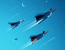 Illustration of superheroes wearing capes as they fly off into the night sky.